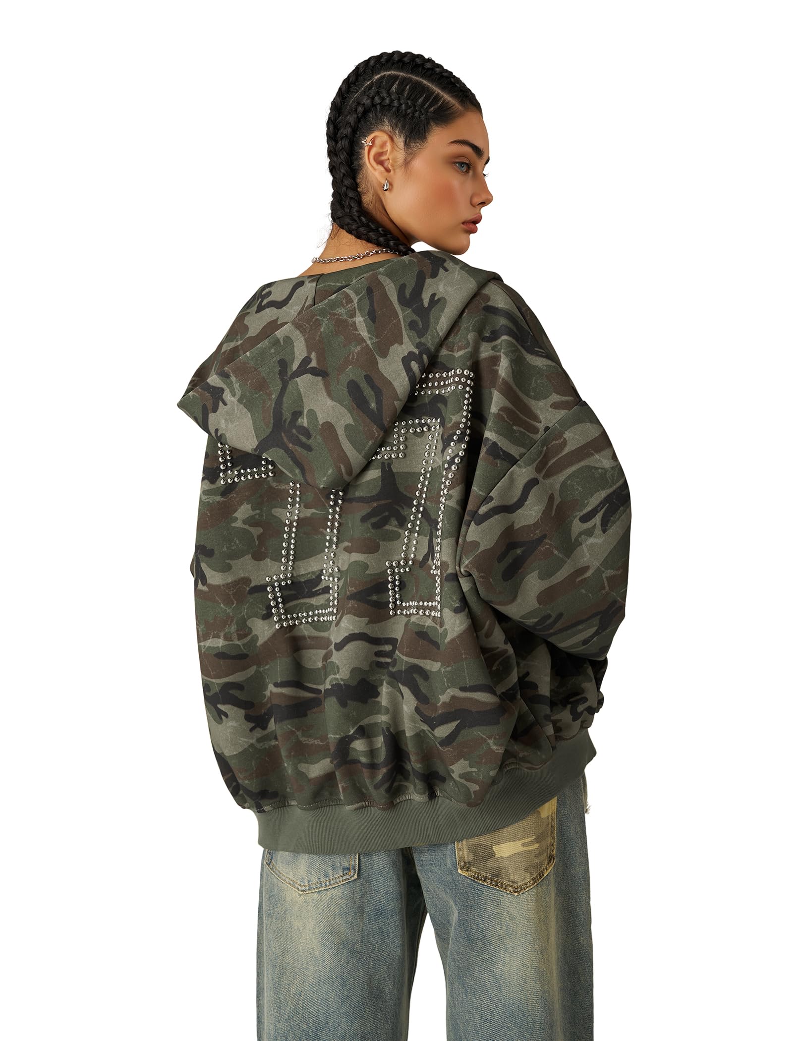 Aelfric Eden Camo Zip Up Hoodie with Studded Y2k Graphic Oversized Hoodies Vintage Streetwear Outfits - Image 3