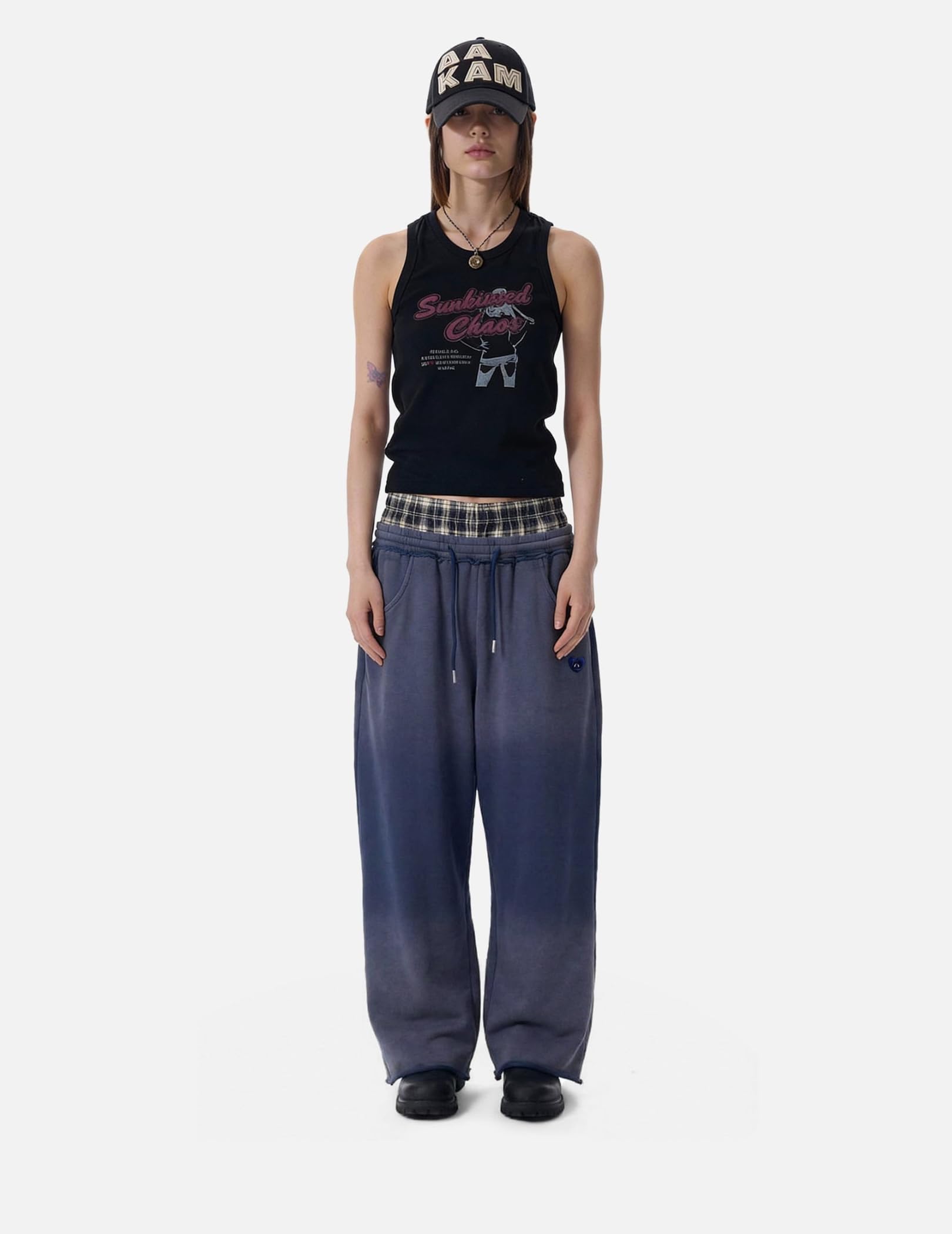 Aelfric Eden Double Waist Washed Baggy Sweatpants Loose Wide Leg Plaid Patchwork Casual Pants with Pockets - Image 3