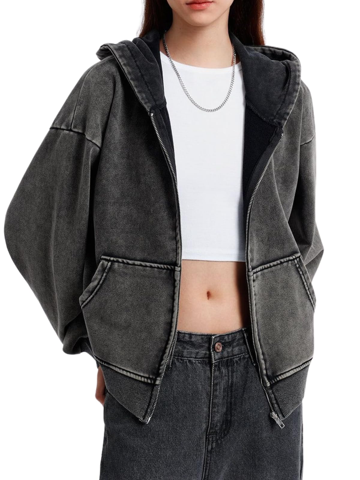 Aelfric Eden Hoodies Washed Solid Zip Up Hoodie Casual Cropped Hooded Sweatshirt Long Sleeve Zipper Pullover Streetwear - Image 3