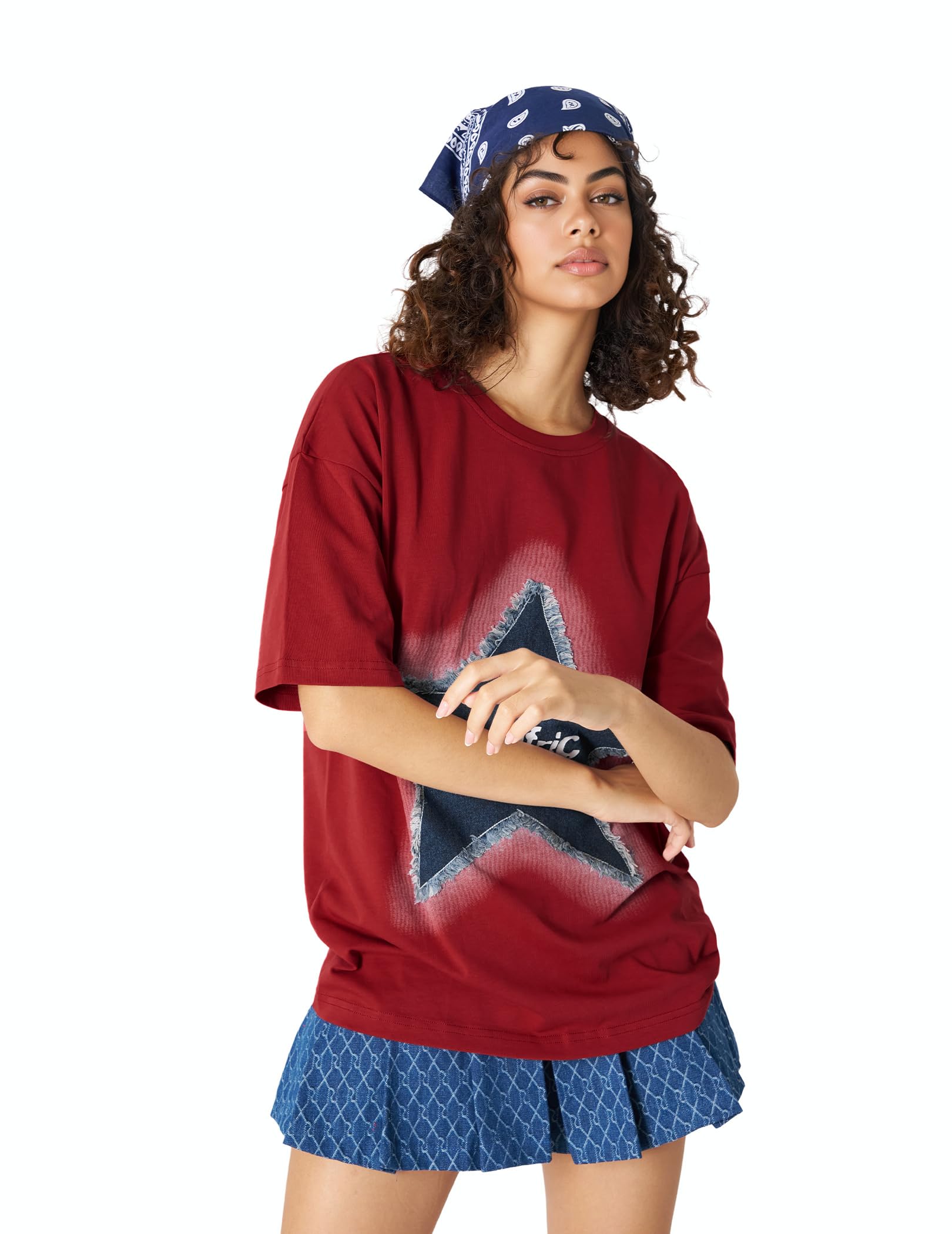 Aelfric Eden Star T Shirts Oversized Graphic Tees Denim Patchwork Short Sleeve Crewneck Shirts Y2K Vintage Unisex Streetwear - Image 3